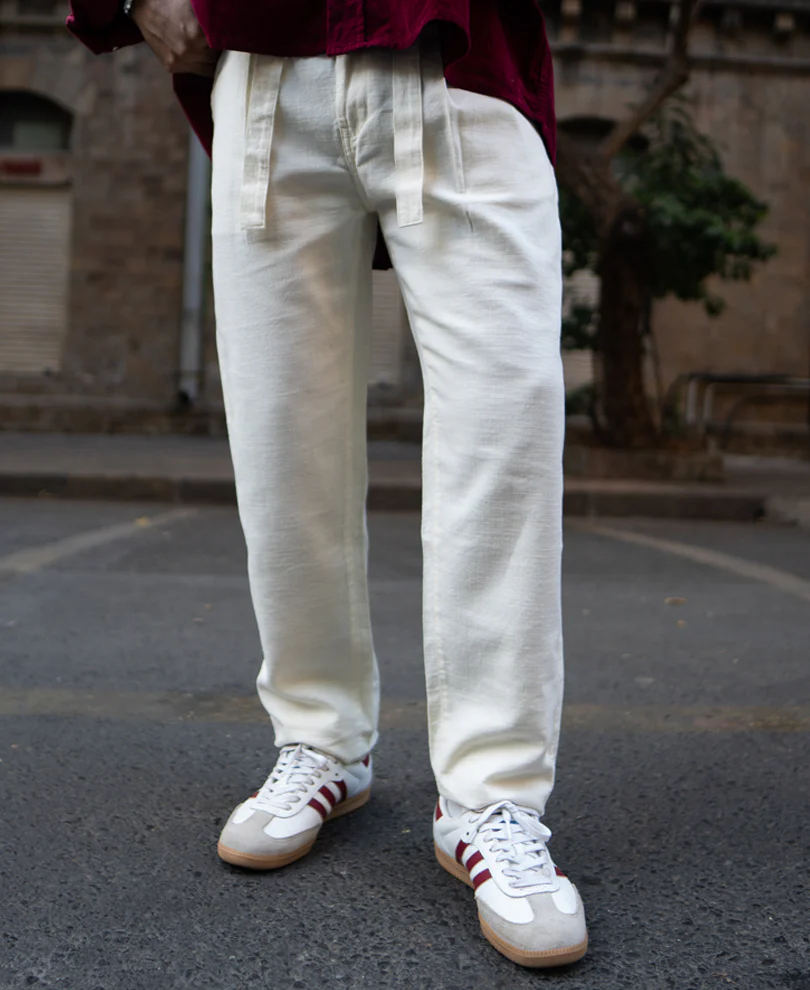 Cream Cotton Pants With Belt - Image 2