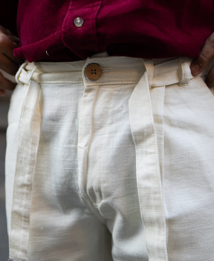 Cream Cotton Pants With Belt - Image 4
