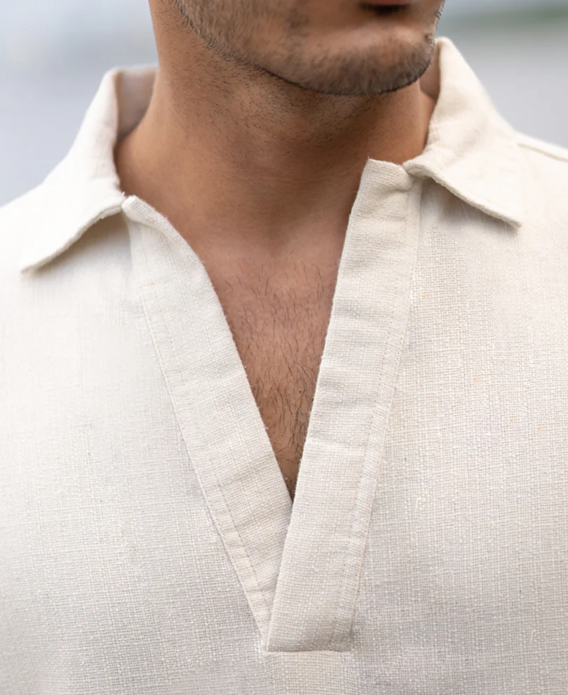 Cream Structured Cotton Kurta Shirt