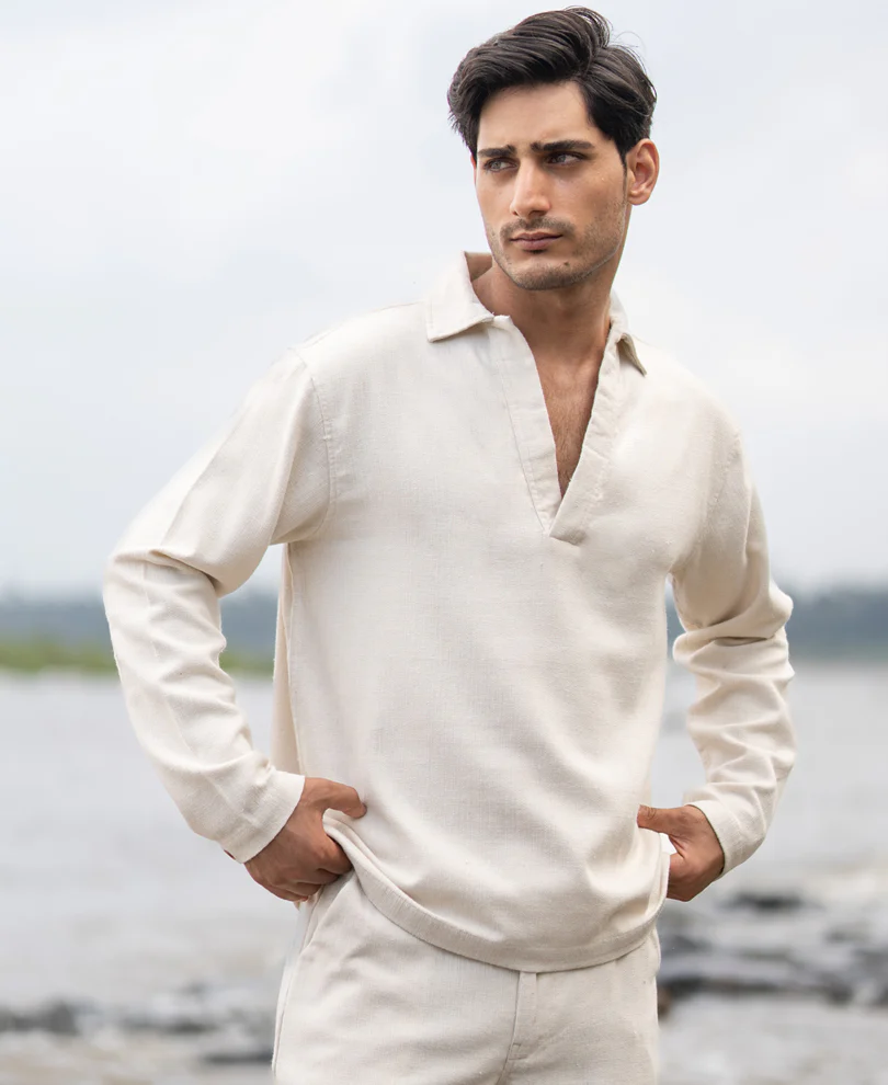 Cream Structured Cotton Kurta Shirt - Image 2