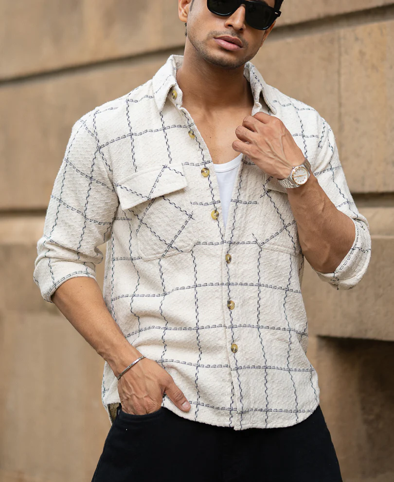 Cream Structured Checks Shirt - Image 2