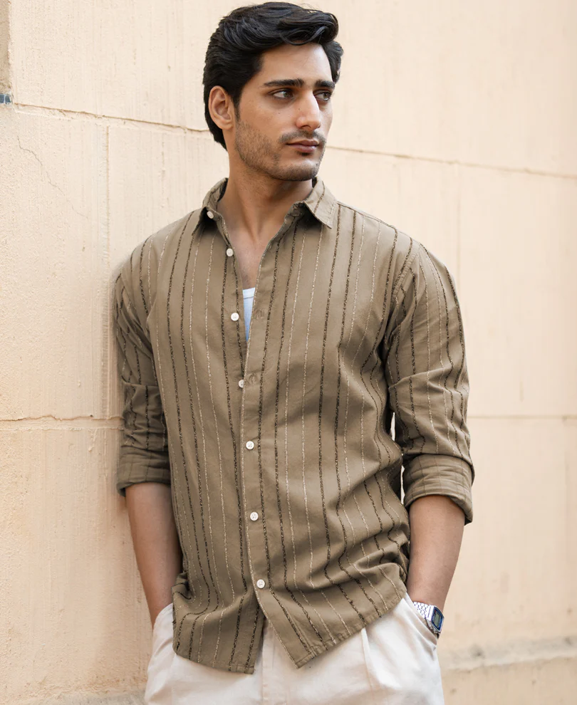 Dark Beige Boucle Stripe Shirt - Image 2