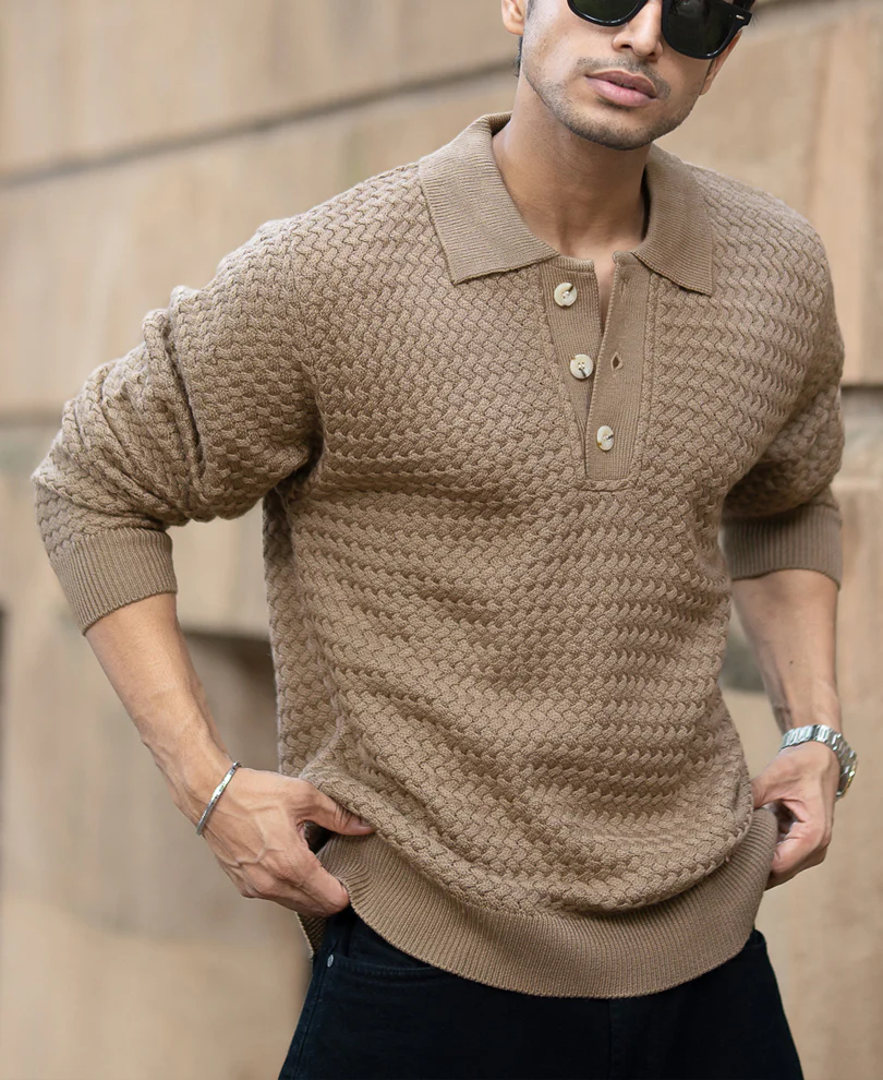 Dark Beige Knit Polo Sweater - Image 2