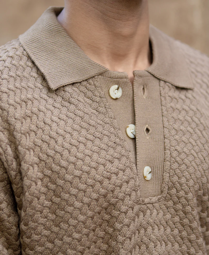 Dark Beige Knit Polo Sweater - Image 3