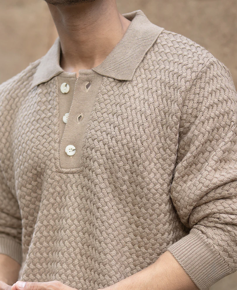 Dark Beige Knit Polo Sweater - Image 4