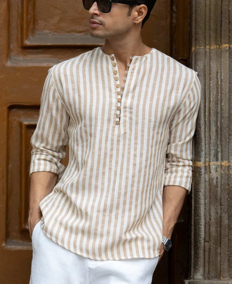 Dark Beige Striped Kurta Shirt