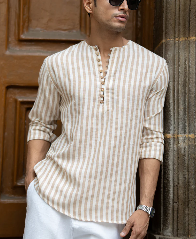 Dark Beige Striped Kurta Shirt - Image 3