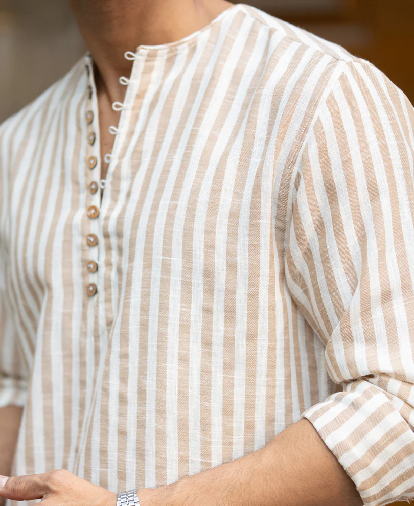 Dark Beige Striped Kurta Shirt - Image 4