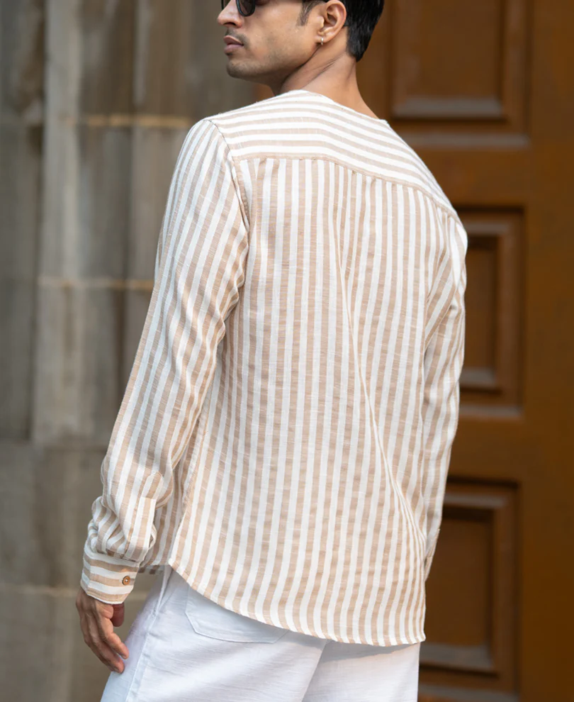 Dark Beige Striped Kurta Shirt - Image 7