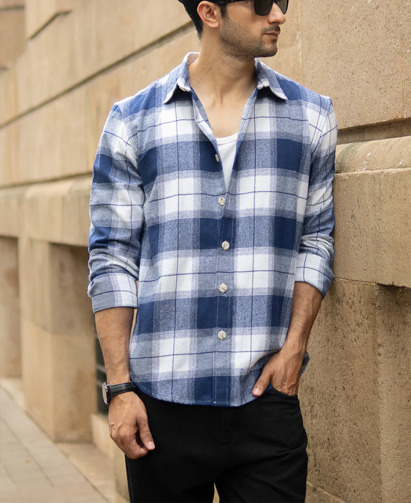 Dark Blue Brushed Checks Shirt - Image 3