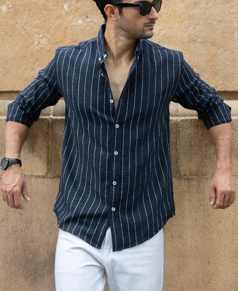 Dark Blue Flowy Striped Shirt - Image 2