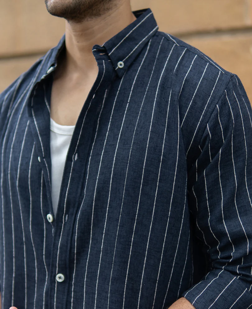 Dark Blue Flowy Striped Shirt - Image 4