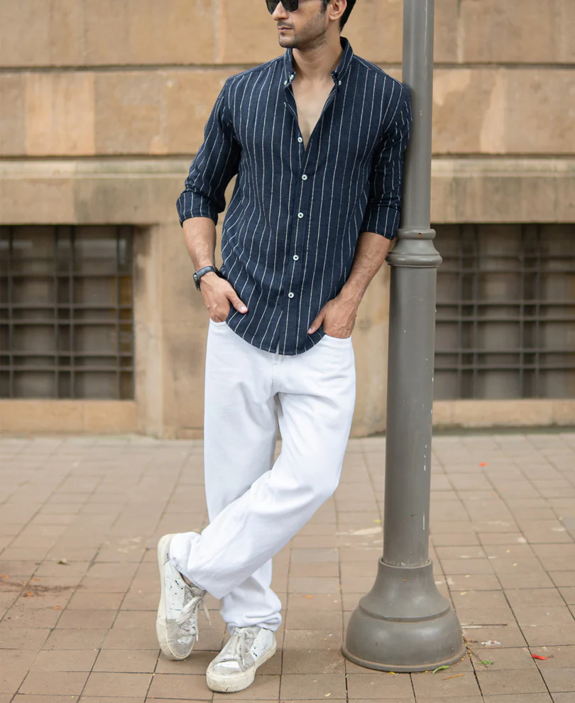 Dark Blue Flowy Striped Shirt - Image 7