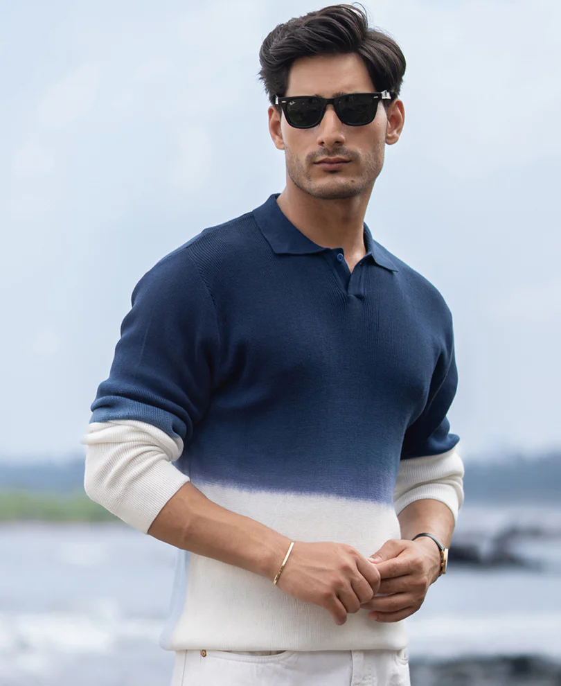 Dark Blue Knitted Ombre T-Shirt - Image 2