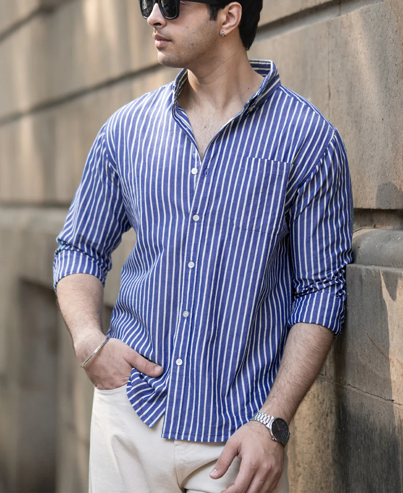 Dark Blue Lightweight Stripe Shirt - Image 3