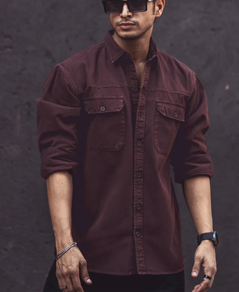 Dark Brown Denim Shacket Full Sleeves Shirt - Image 2