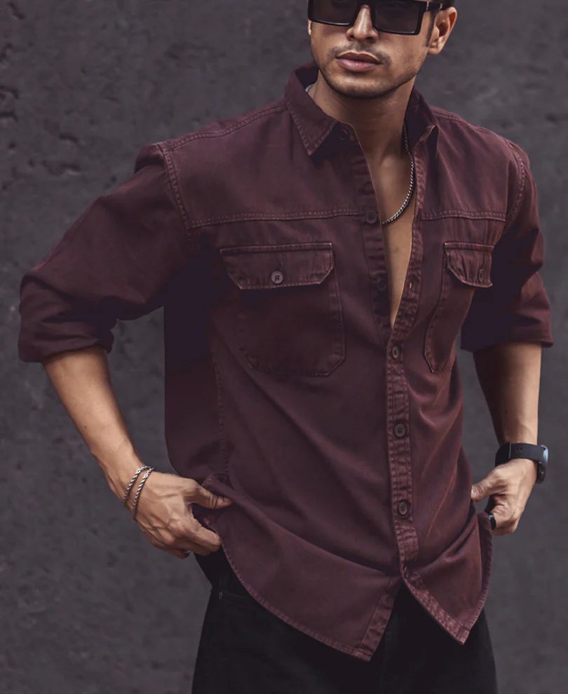Dark Brown Denim Shacket Full Sleeves Shirt - Image 4