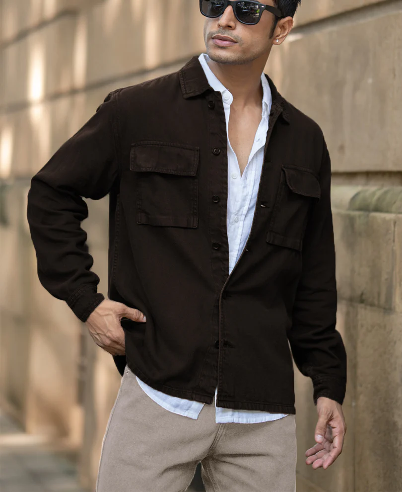 Dark Brown Double Pockets Denim Overshirt - Image 2