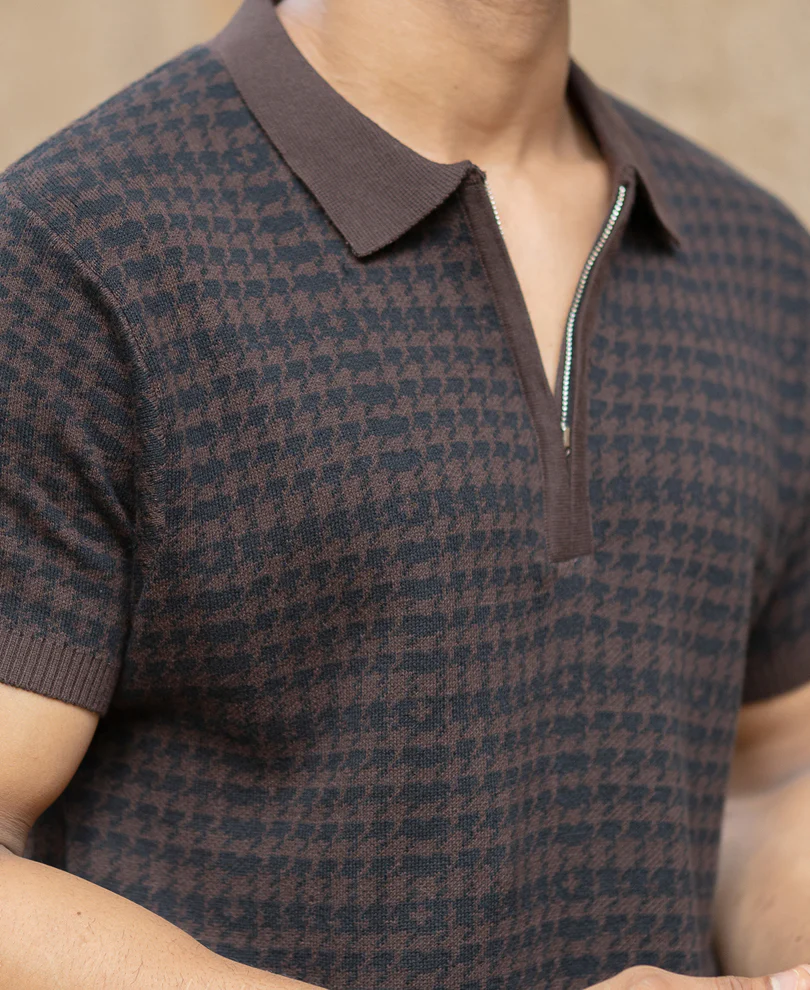 Dark Brown Knitted Houndstooth T-Shirt - Image 4