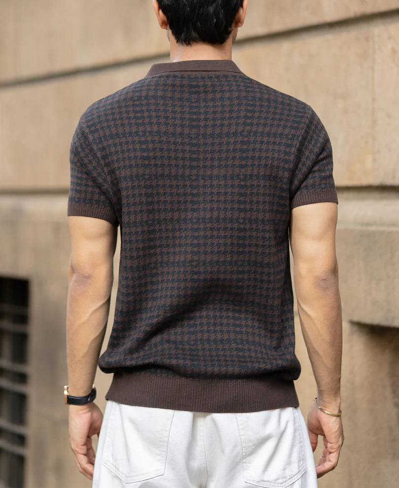 Dark Brown Knitted Houndstooth T-Shirt - Image 5