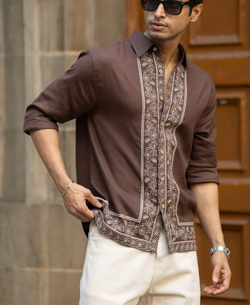 Dark Brown Linen Blend Embroidery Shirt - Image 2