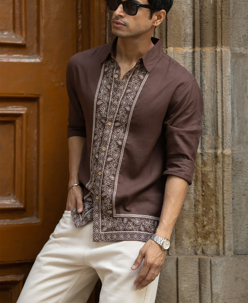 Dark Brown Linen Blend Embroidery Shirt - Image 3