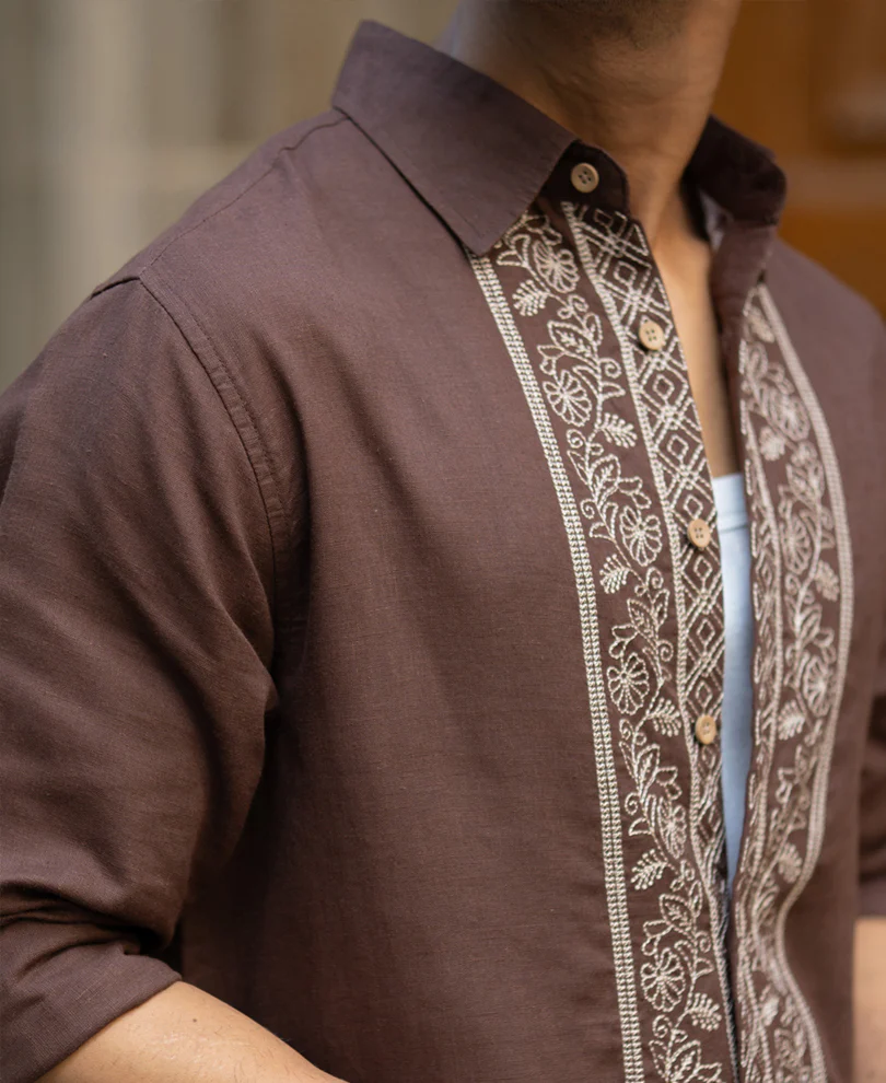 Dark Brown Linen Blend Embroidery Shirt - Image 4