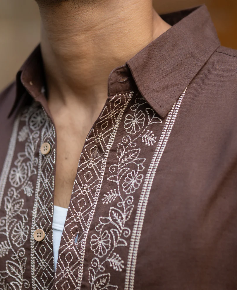 Dark Brown Linen Blend Embroidery Shirt - Image 5