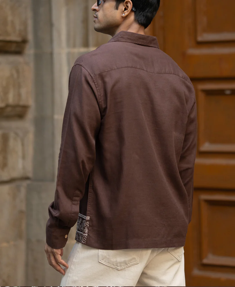 Dark Brown Linen Blend Embroidery Shirt - Image 7