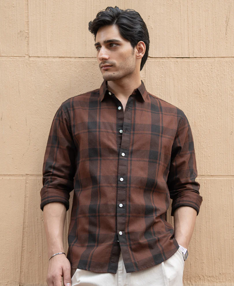 Dark Brown Structured Checked Shirt - Image 3