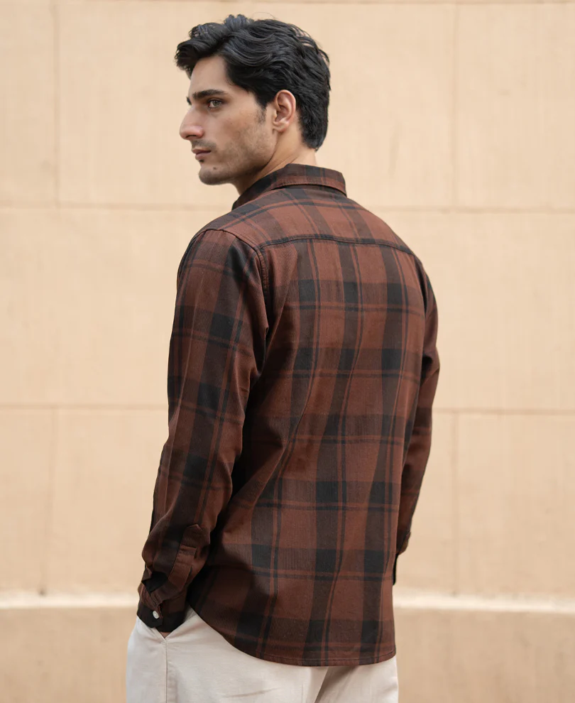 Dark Brown Structured Checked Shirt - Image 5