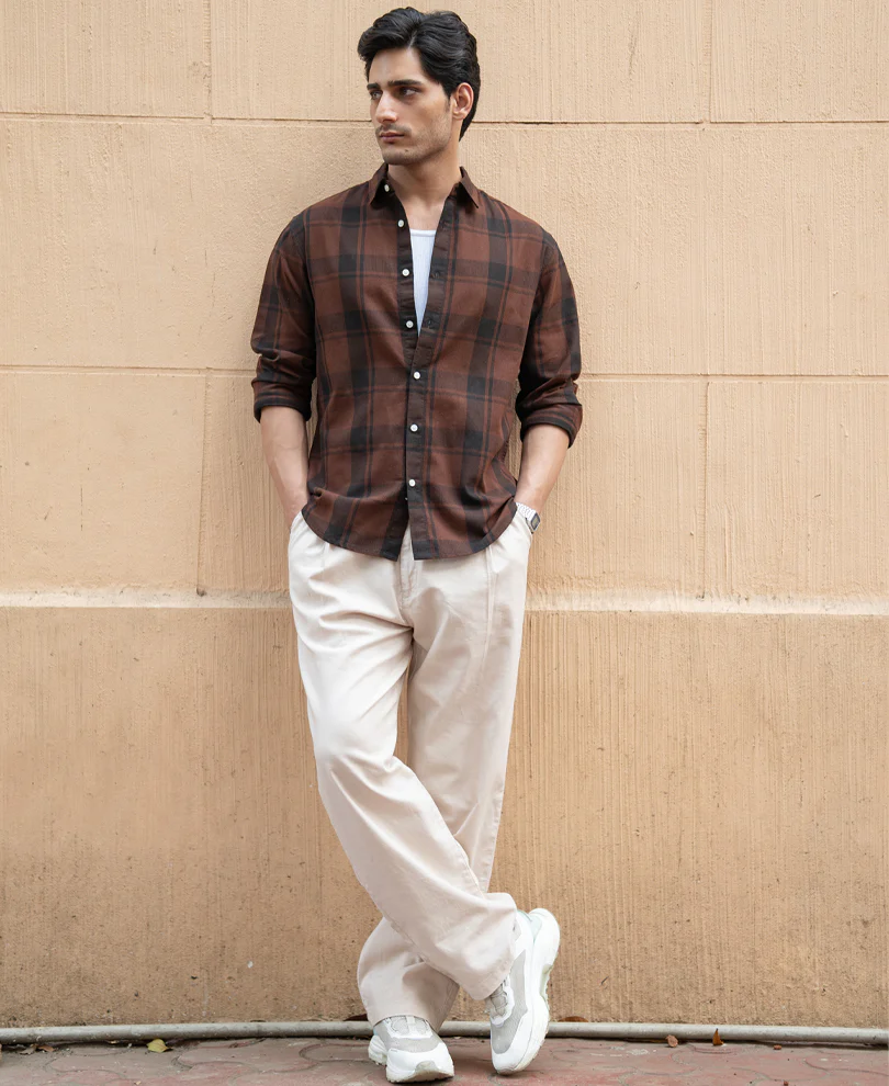 Dark Brown Structured Checked Shirt - Image 6