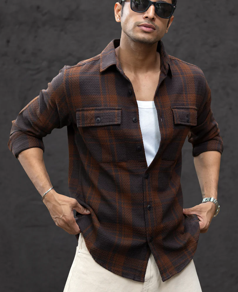 Dark Brown Structured Checks Shirt - Image 2