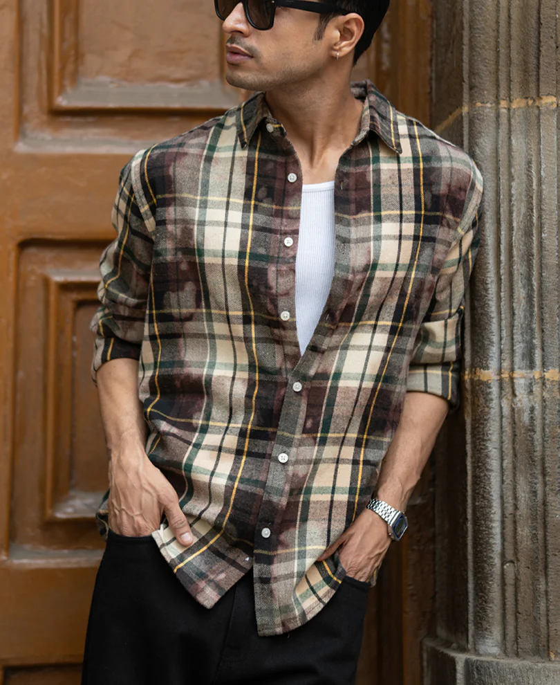 Dark Brown Washed Checks Shirt