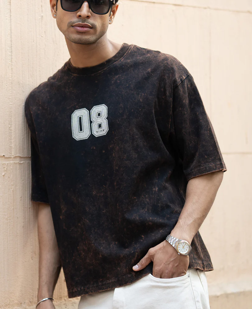 Dark Brown Washed Printed T-Shirt