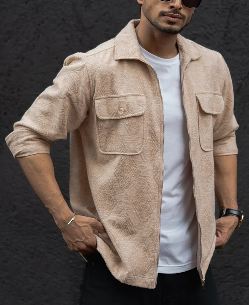 Dark Fawn Regular Fit Full Sleeves Shirt With Zip - Image 2