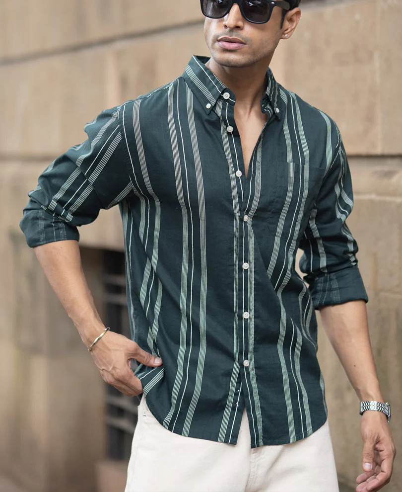 Dark Green Stripped Button Down Shirt - Image 3