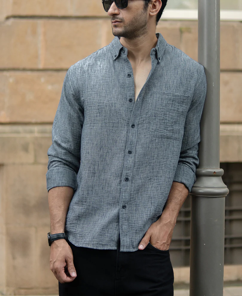 Dark Grey Slub Textured Shirt - Image 4