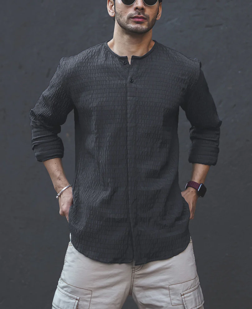 Dark Grey Structured Kurta Style Full Sleeves Shirt - Image 2