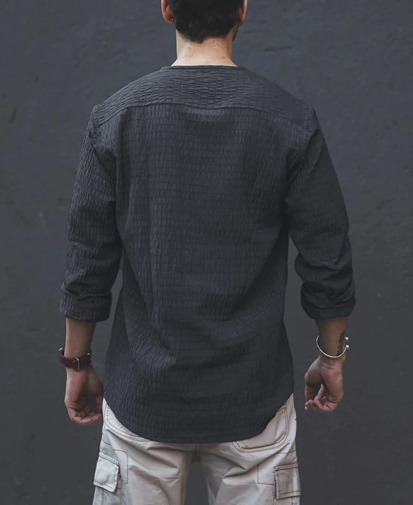 Dark Grey Structured Kurta Style Full Sleeves Shirt - Image 3