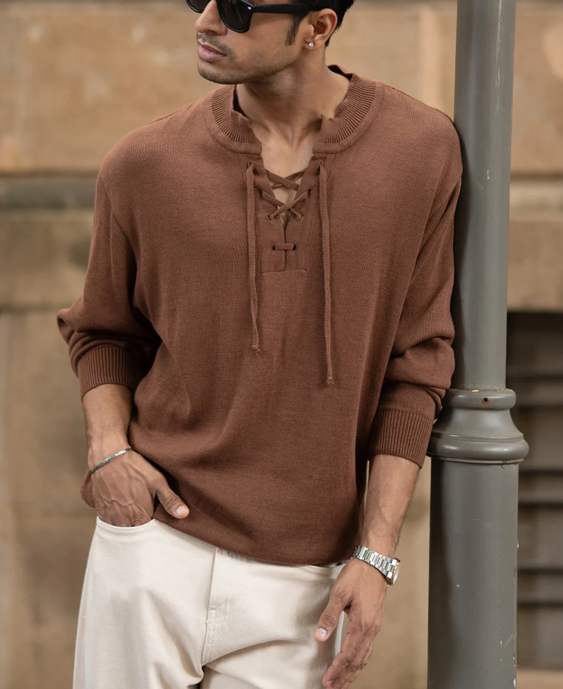 Dark Tan Knitted Henley T-Shirt - Image 2