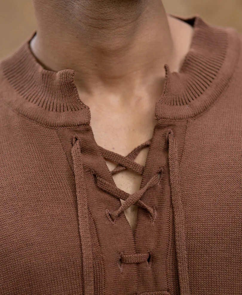 Dark Tan Knitted Henley T-Shirt - Image 4