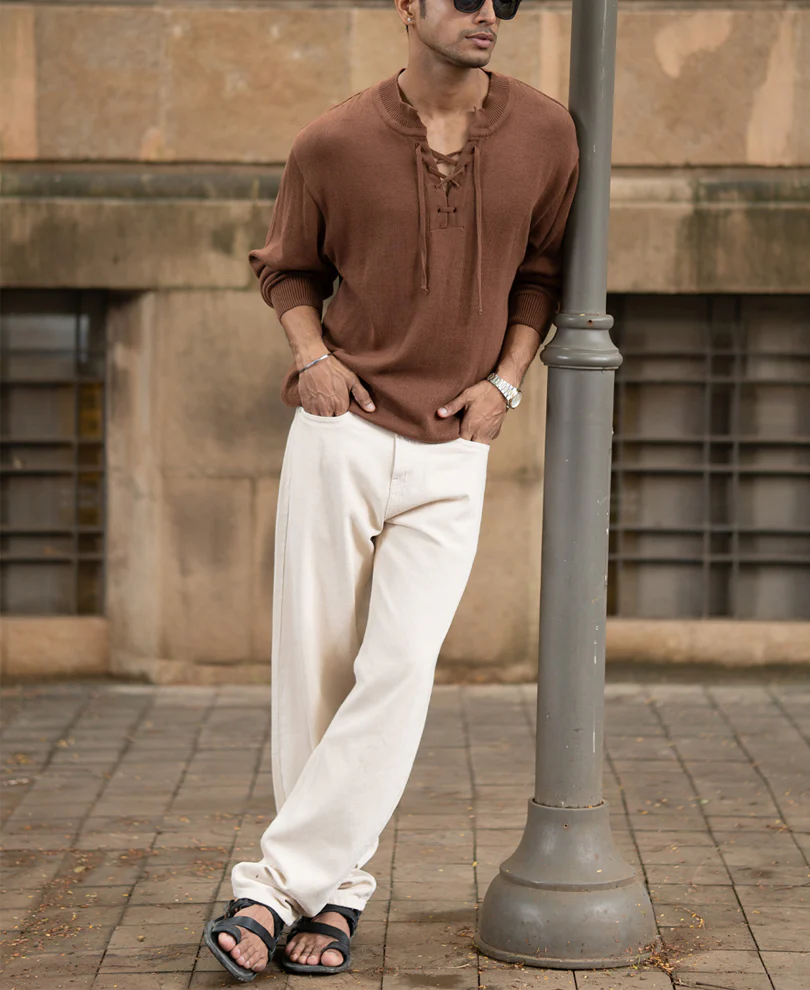 Dark Tan Knitted Henley T-Shirt - Image 6