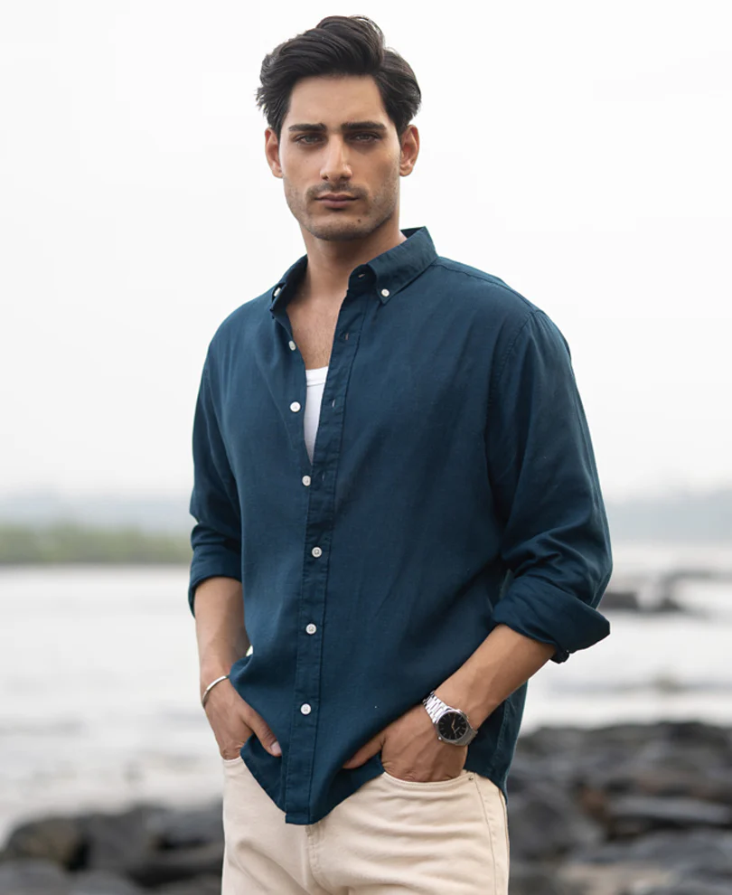 Dark Teal Linen Blend Shirt