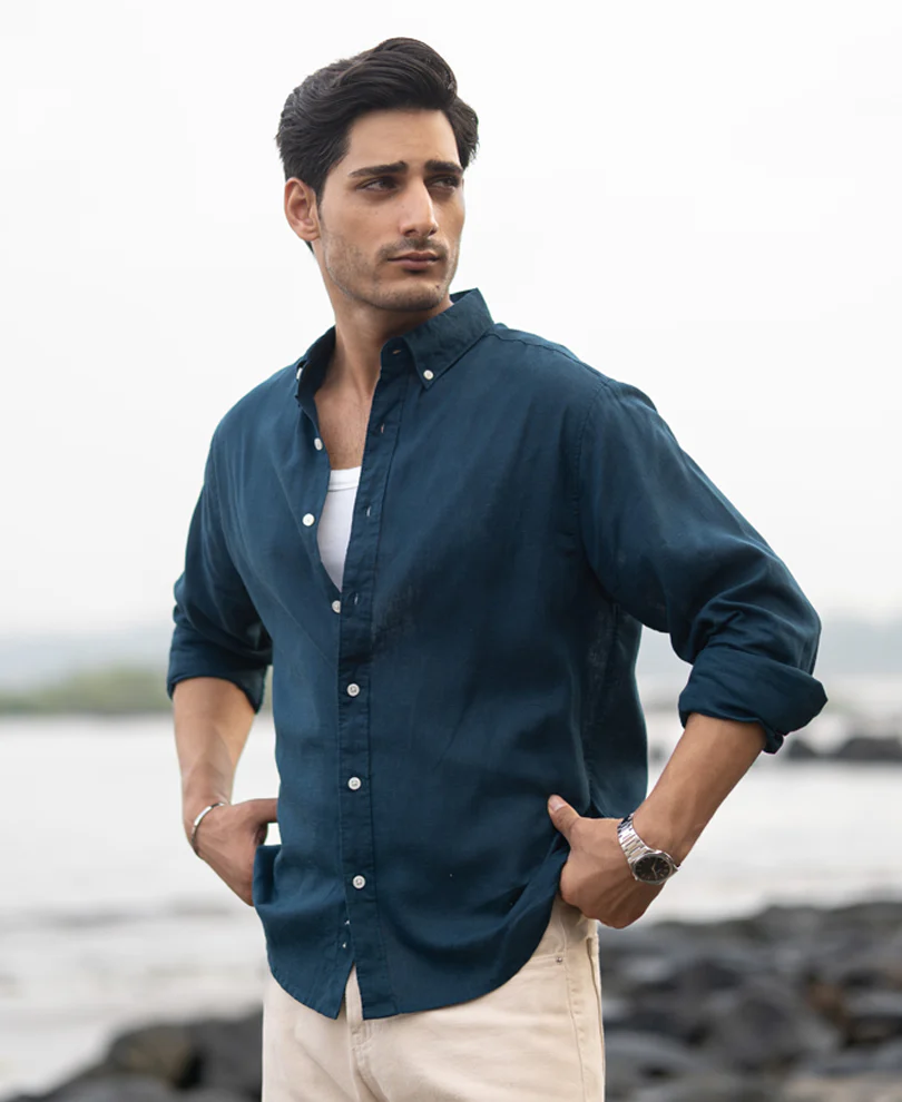 Dark Teal Linen Blend Shirt - Image 2