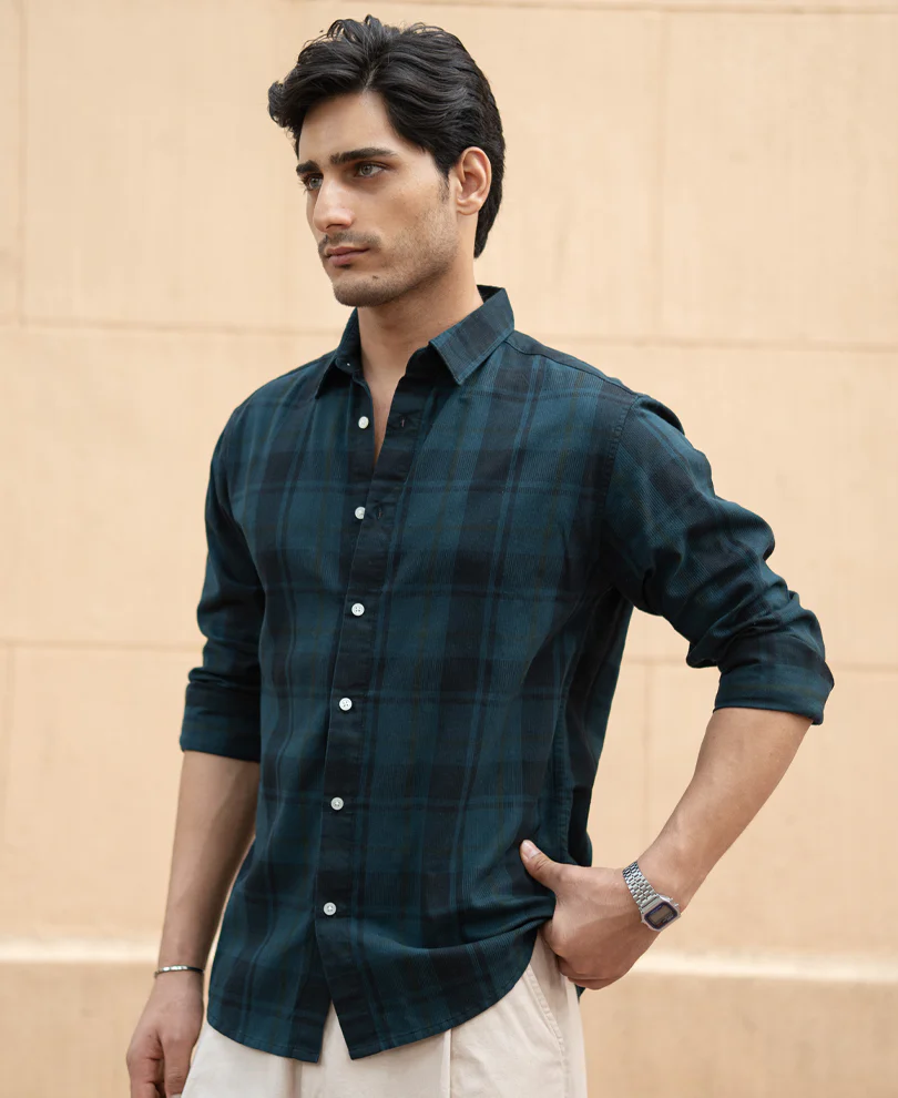 Dark Teal Structured Checks Shirt - Image 3