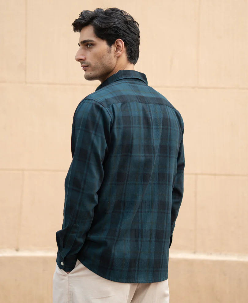 Dark Teal Structured Checks Shirt - Image 5