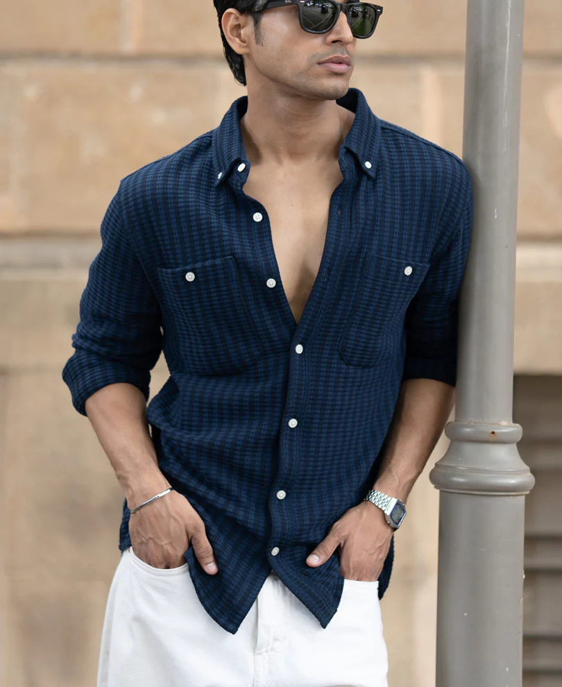 Denim Knit Structured Stripe Shirt - Image 2