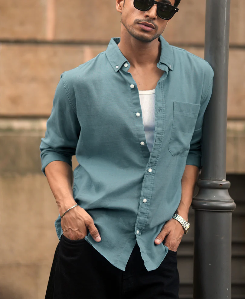 Dusty Blue Linen Blend Shirt - Image 2