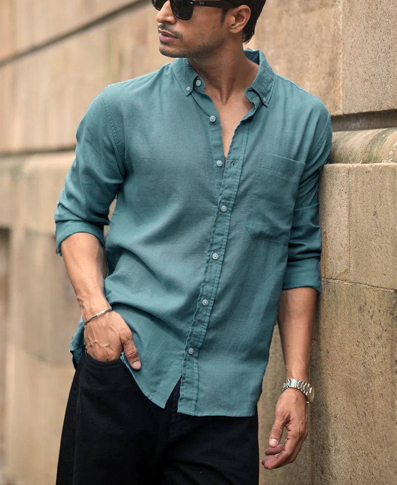 Dusty Blue Linen Blend Shirt - Image 3